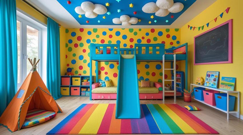 Vibrant Polka Dot Playroom With Bunk Bed and Slide children teepee
