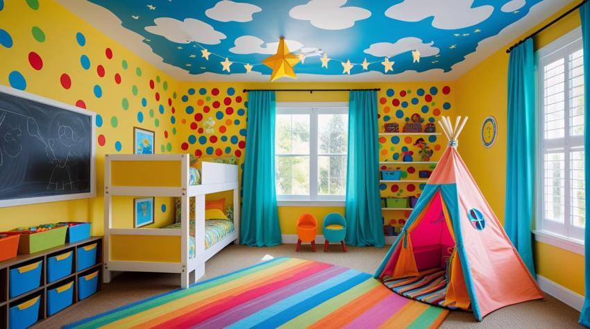 Playful Yellow Polka Dot Childrens Bedroom With Bunk Bed And Teepee children's bedroom yellow walls