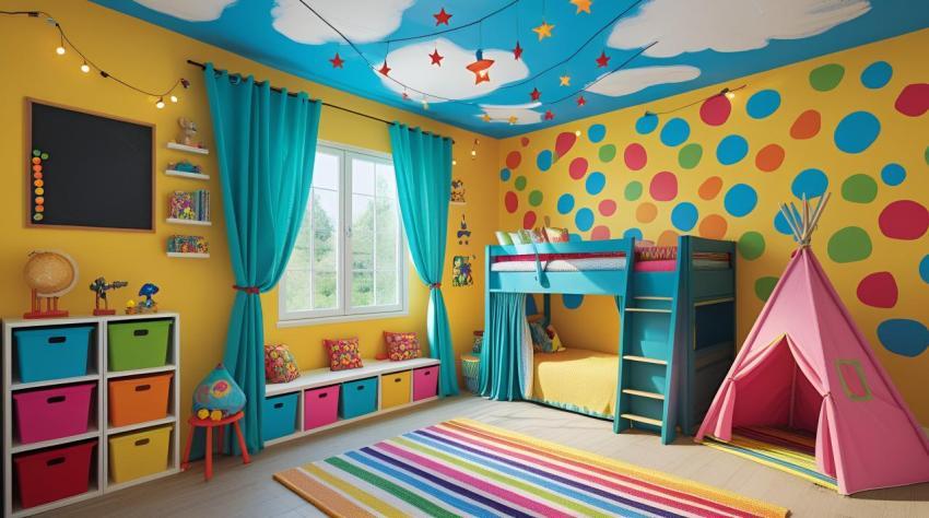 Brightly Colored Childrens Bedroom with Bunk Bed and Teepee colorful