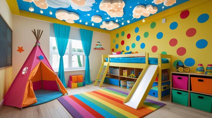 Playful Kids Bedroom With Bunk Bed And Teepee children slide