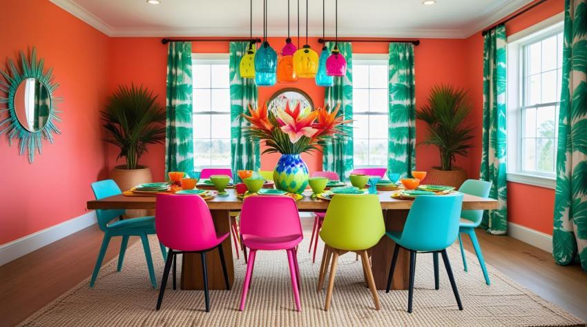 Vibrant tropical dining room with colorful chairs and floral centerpiece image 1