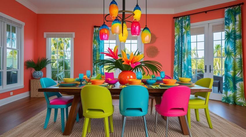 Vibrant tropical dining room with colorful chairs and floral centerpiece image