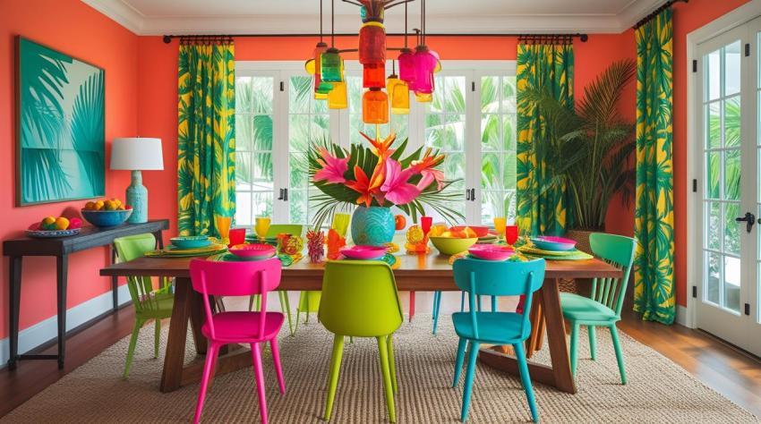 Vibrant tropical dining room with colorful chairs and floral centerpiece image 2