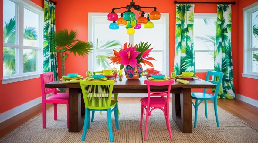 Vibrant tropical dining room with colorful chairs and floral arrangement image