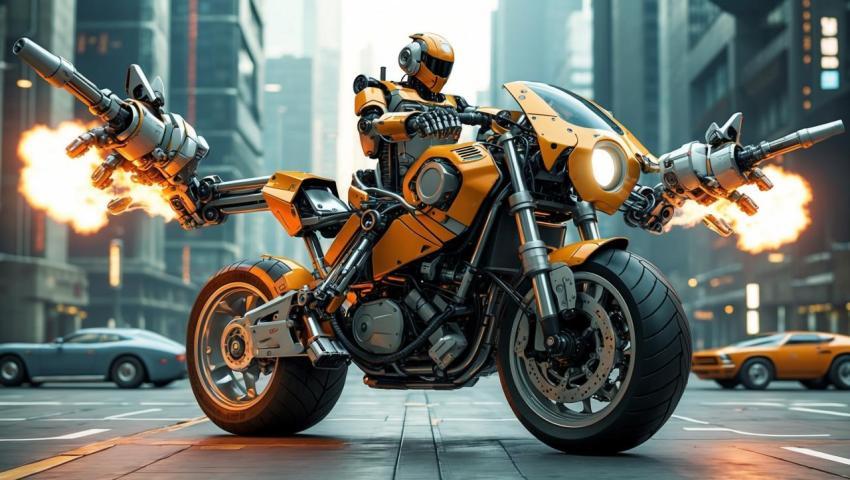 Futuristic Robot Rider on a Jet Powered Motorcycle in a Neon Urban Cityscape