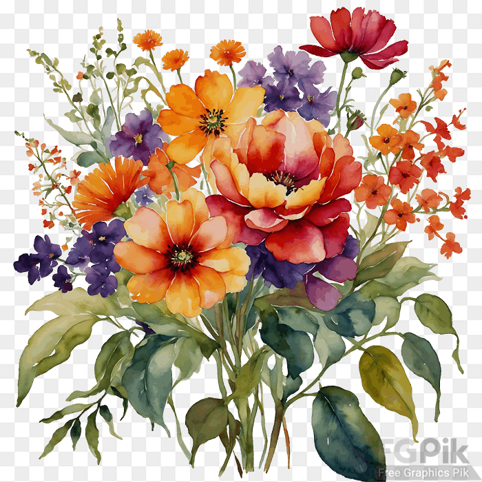 Bouquet of colorful flowers Vibrant Watercolor Floral Illustration with Colorful Blooms and Leaves