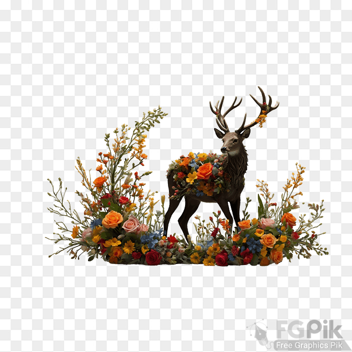 Majestic Deer Surrounded by Colorful Wildflowers and Lush Greenery png image