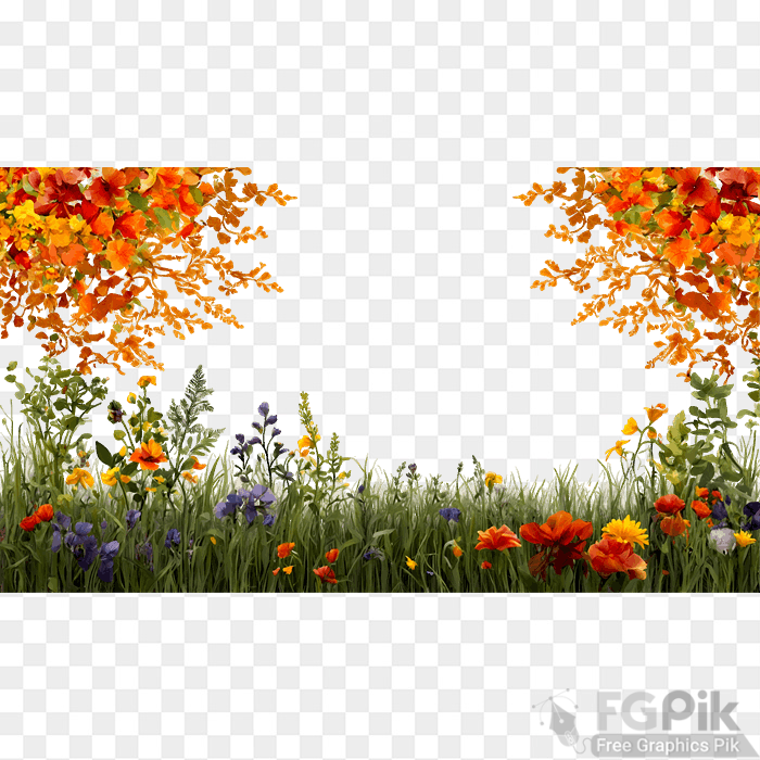 Vibrant Spring Wildflower Meadow with Blooming Trees and Grassy Landscape White Background
