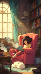Girl Reading Book in Cozy Armchair with Dog and Tea