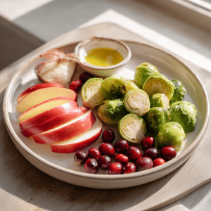 Healthy Snack Plate with Brussels Sprouts, Cranberries, and Apple Slices