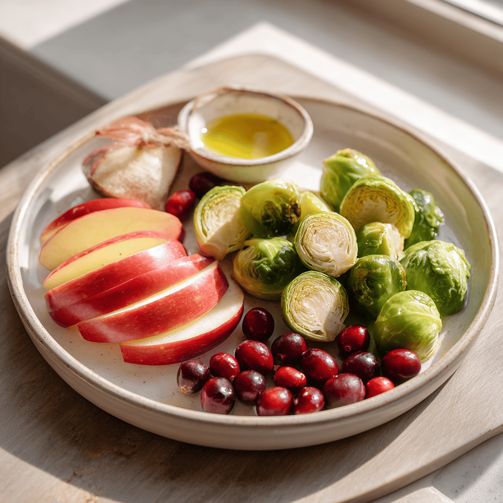 Healthy Snack Plate with Brussels Sprouts, Cranberries, and Apple Slices