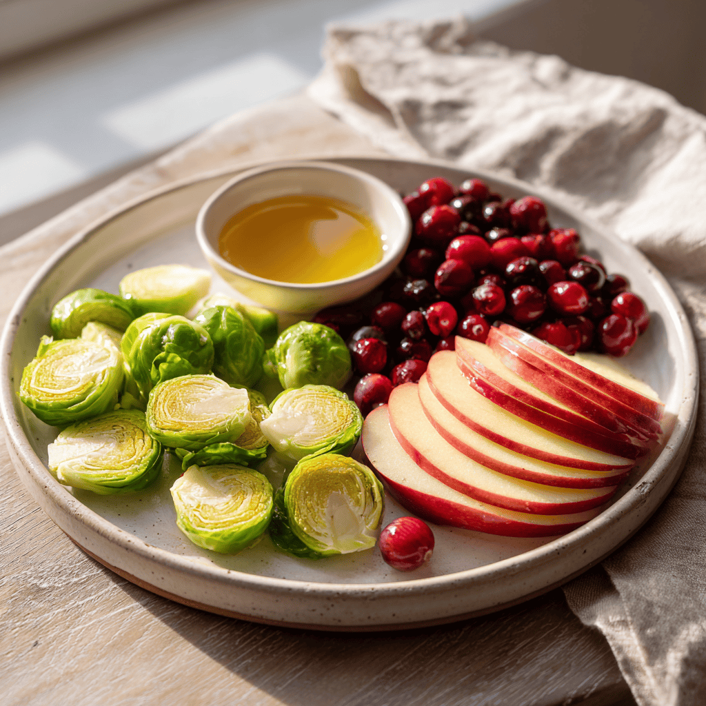 Healthy holiday appetizer with Brussels sprouts cranberries and apple slices