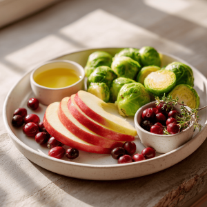 Healthy plate of roasted Brussels sprouts apple slices and cranberries
