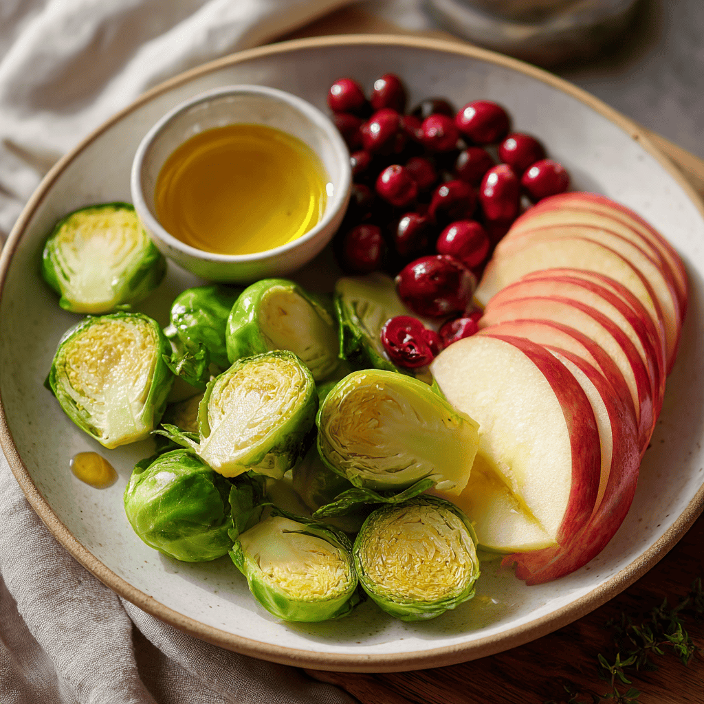 Healthy salad ingredients with Brussels sprouts apple and cranberries