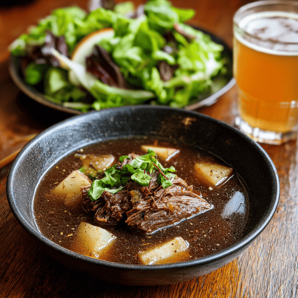 Hearty Beef Stew with Salad and Beer shredded beef