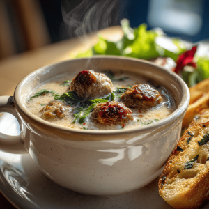 Hearty Meatball Soup with Steaming Broth and Crusty Bread