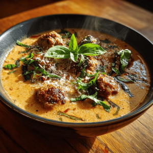 Hearty Meatball Stew with Basil and Grated Cheese meatballs