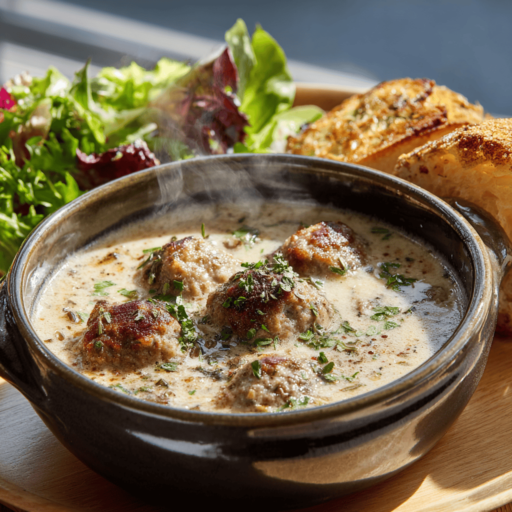 Hearty Meatball Stew with Salad and Bread meatballs