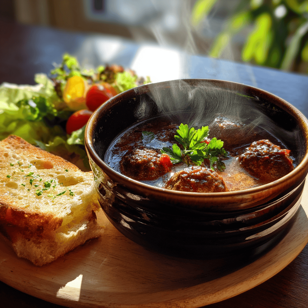 Hearty Meatball Stew with Side Salad and Garlic Bread