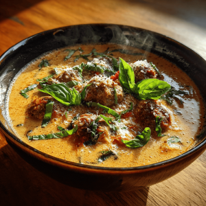 Hearty meatballs in a rich creamy tomato sauce with basil