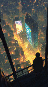 Person overlooking a futuristic city at night cityscape