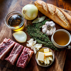 Raw Beef Ribs and Ingredients for Cooking on Wooden Board