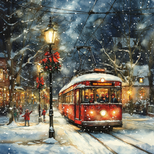 Red tram in a snowy town square at night trolley train