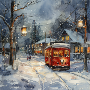 Red tram in a snowy village at dusk Keywords Christmas, snow, village, tram, winter, holiday