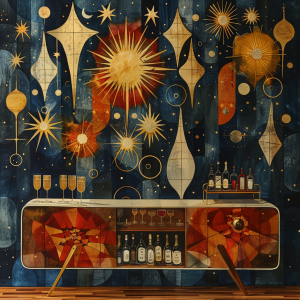 Retro Bar with Abstract Starbursts and Bottles celebration