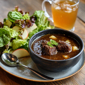 Rich Beef Stew with Salad and Drink on Wooden Table