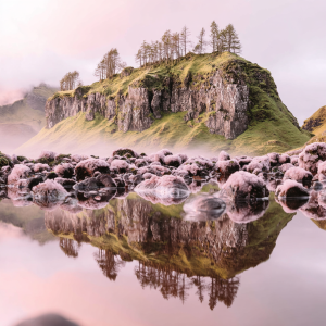 Rocky island with trees reflected in calm water cliff