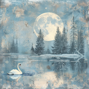Serene Winter Night with Swan and Full Moon graphic