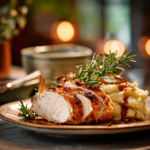 Sliced Roasted Chicken Breast with Mashed Potatoes and Gravy
