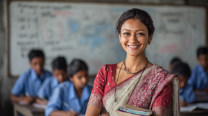 Smiling Indian teacher in classroom with students education