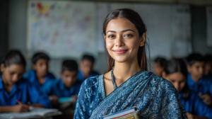 Smiling female teacher in a classroom with students