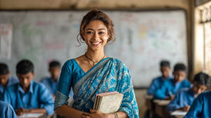 Smiling female teacher in sari holding books in classroom