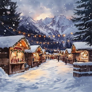 Snowy Christmas market with illuminated stalls and mountains