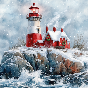 Snowy lighthouse and cottage during a winter storm