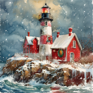 Snowy lighthouse and keeper’s cottages on a rocky coast