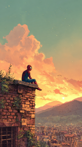 Spiderman Sitting on Rooftop Overlooking City Sunset