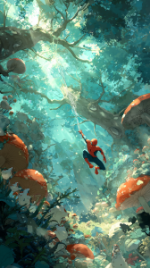 Spiderman swings through a magical forest with giant mushrooms