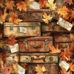 Stack of vintage suitcases with autumn leaves luggage