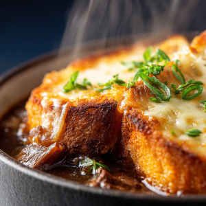 Steaming French Onion Soup with Toasted Bread and Melted Cheese