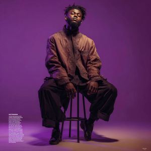 Stylish man in patterned jacket and wide pants on stool
