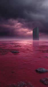 Surreal Landscape with Red Water and Monolith ocean