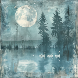 Trio of Swans on Moonlit Lake in Winter Forest night