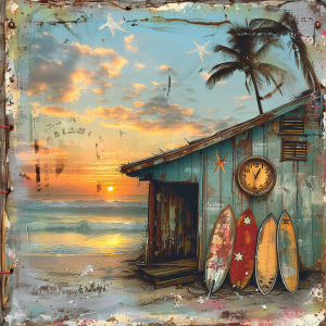 Tropical beach hut with surfboards at sunset Keywords beach, hut, surfboards, sunset, ocean