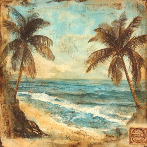Tropical beach scene with palm trees and ocean waves