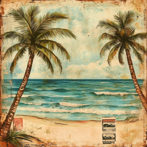 Tropical beach with palm trees and ocean waves vintage style