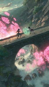 Two People Casting Magic Spells on a Stone Bridge fantasy
